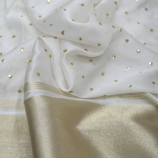 Golden Buti Work Embroidery With Lagdi Pata Border On White Dyeable Gaji Silk Fabric