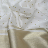 Golden Buti Work Embroidery With Lagdi Pata Border On White Dyeable Gaji Silk Fabric