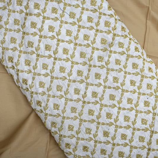 All Over Golden Zari Checks Embroidery On White Dyeable Dupion Silk Fabric