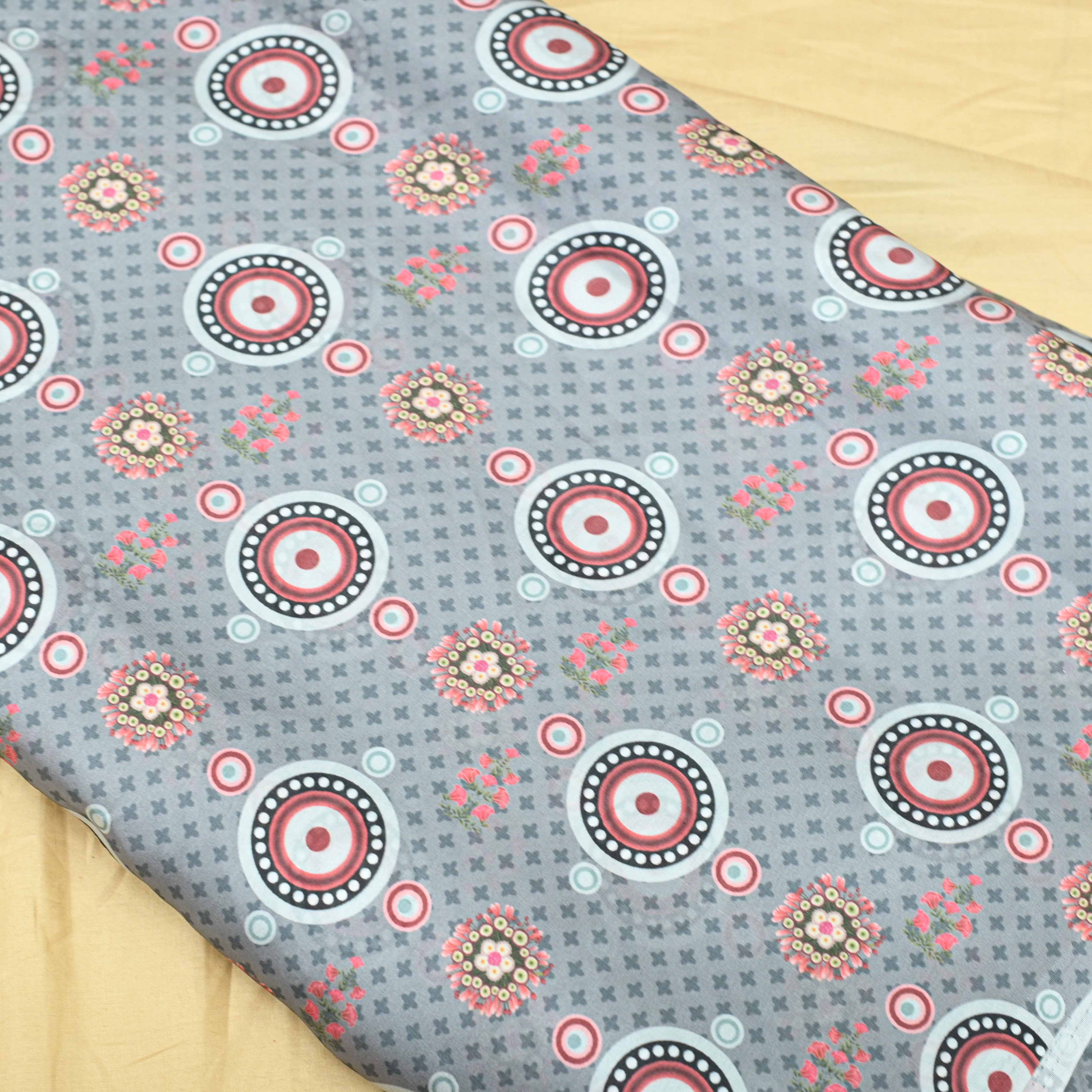 Dark Grey Colour Ajrakh Satin Printed Fabric - Shree Om Fabrics