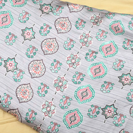 Grey Colour Ajrakh Satin Printed Fabric - Shree Om Fabrics