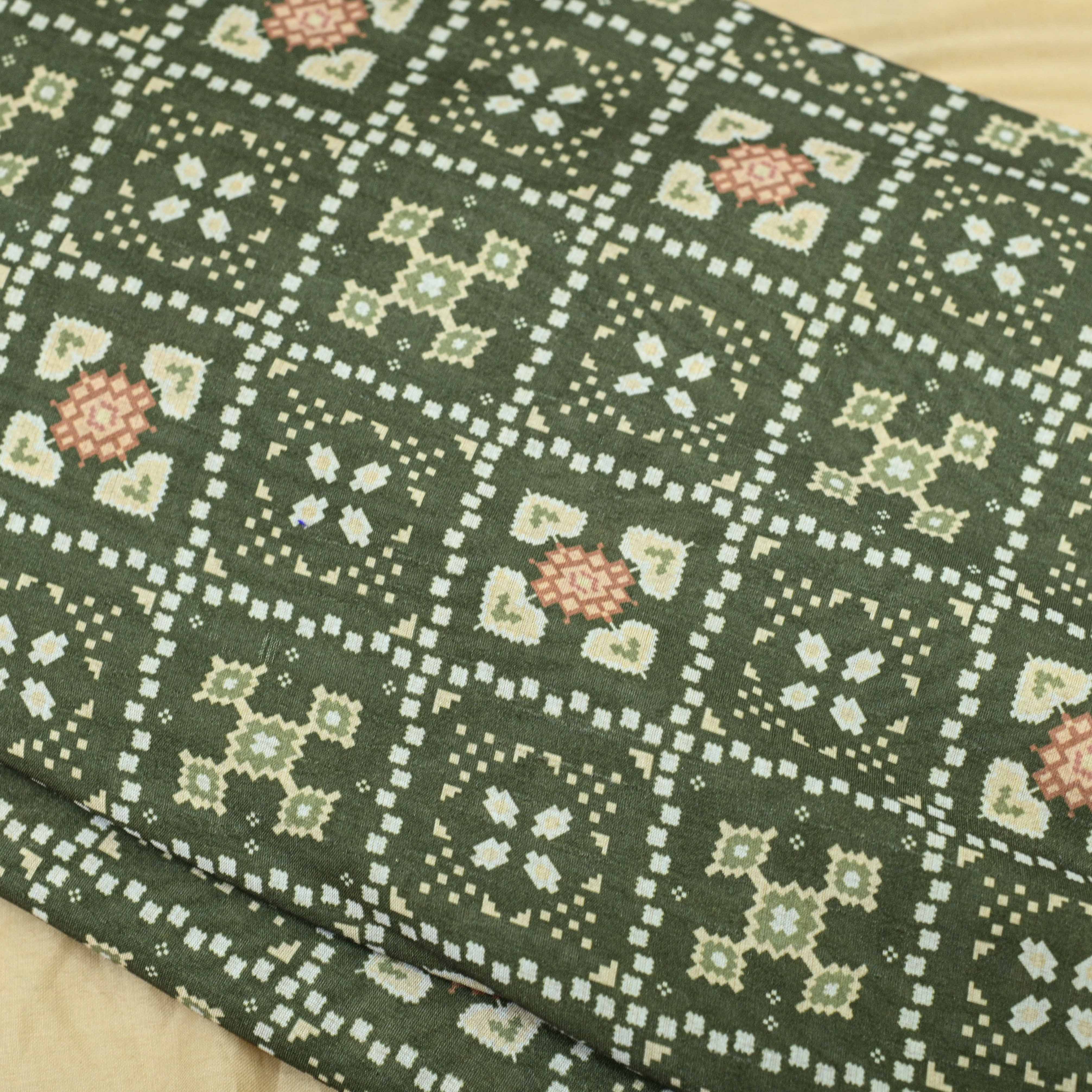 Mehandi Green Colour Patola Tussar Silk Printed Fabric - Shree Om Fabrics
