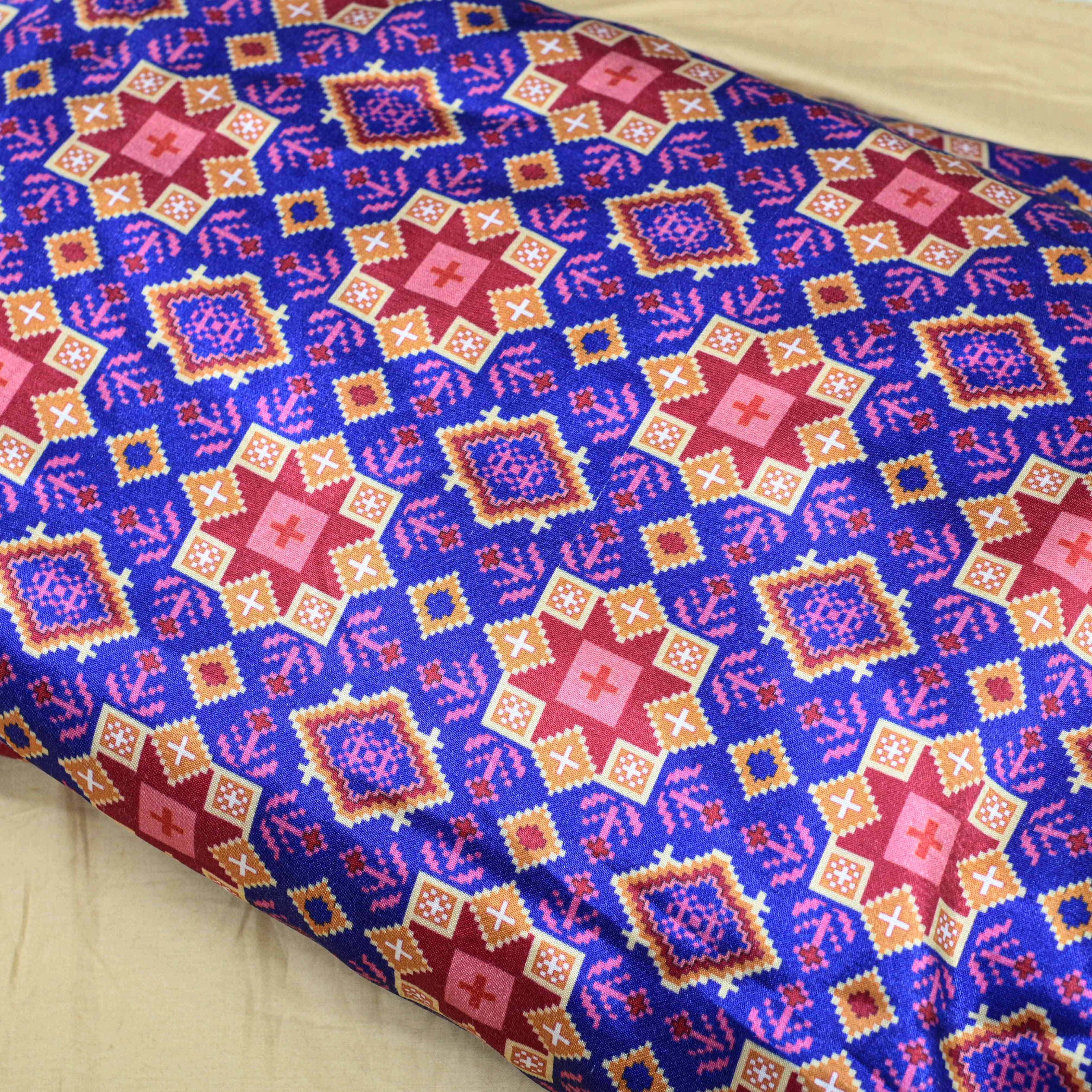 Royal Blue Colour Patola Mashru Gaji Printed Fabric - Shree Om Fabrics
