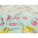 Floral Rainbow Sequins Zig Zag Embroidery On White Dyeable Georgette Fabric With Cut Work Border