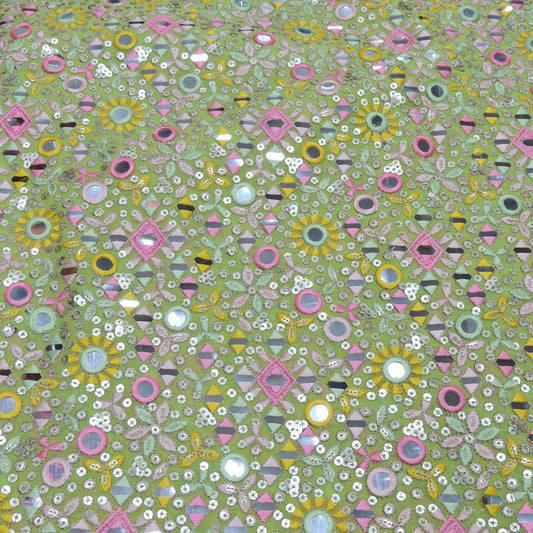 Green Colour All Over Sequins Mirror Work Embroidery On Georgette Fabric