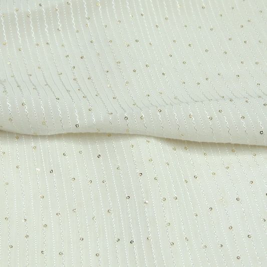 All Over Lining Sequins Work Embroidery On White Dyeable Georgette Fabric