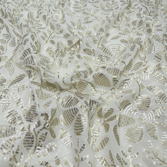 All Over Antique Sequins Work Embroidery On White Dyeable Georgette Fabric