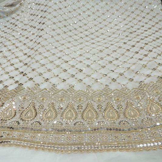 Sequins Work Embroidery On White Dyeable Georgette Fabric With Daman Border