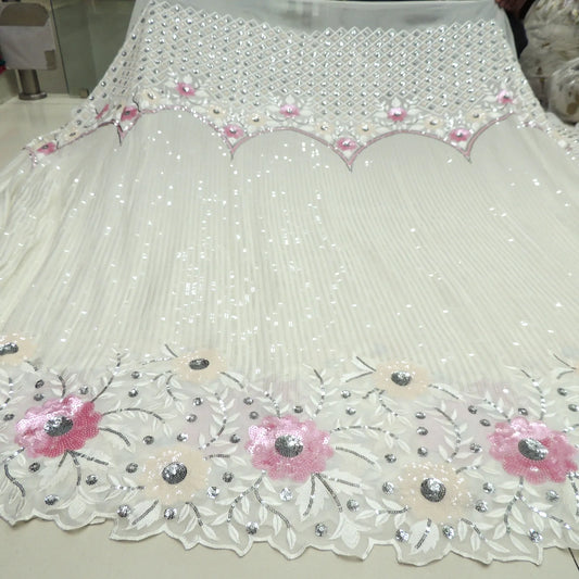 All Over Sequins Work Embroidery On White Dyeable Georgette Fabric With Floral Cut Work Border