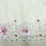 All Over Sequins Work Embroidery On White Dyeable Georgette Fabric With Floral Cut Work Border