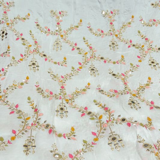 All Over MultiColor Mirror Work Embroidery On White Dyeable Russian Silk Fabric With Daaman Border