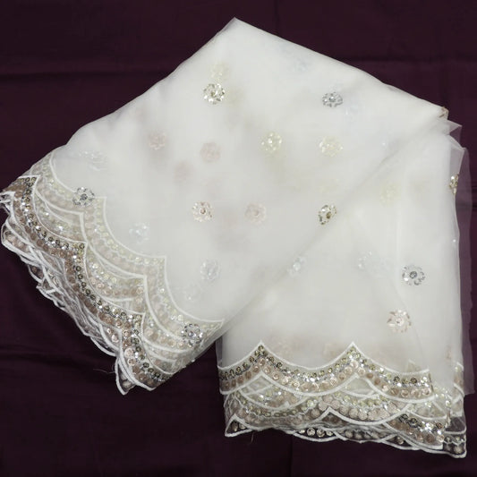 Sequins Cut Work Dupatta On White Dyeable Net Fabric