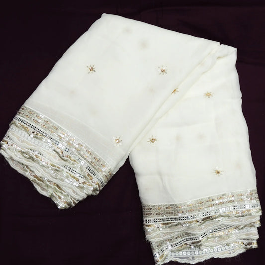 Sequins Cut Work Dupatta On White Dyeable Georgette Fabric