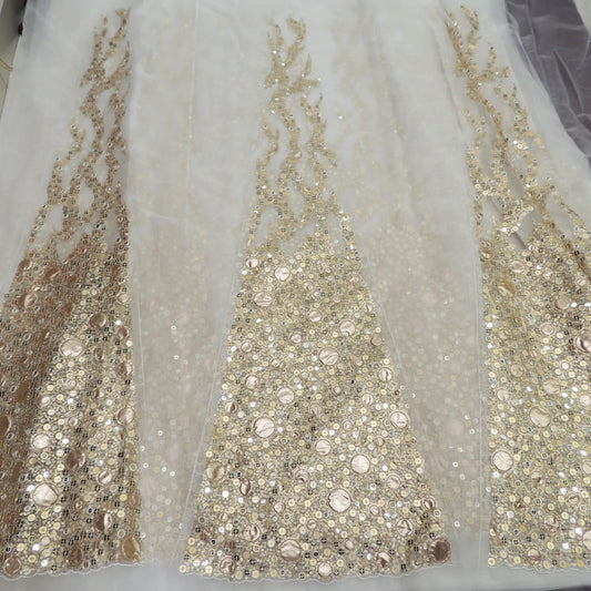 Sequins Work Kali On White Dyeable Organza Fabric