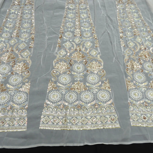 Antique Sequins Thread Work Kali On White Dyeable Organza Fabric