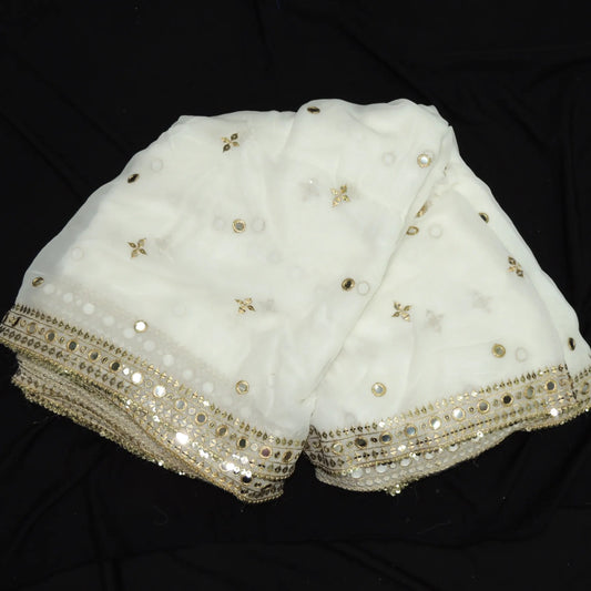 Mirror Sequins Work Dupatta On White Dyeable Georgette Fabric