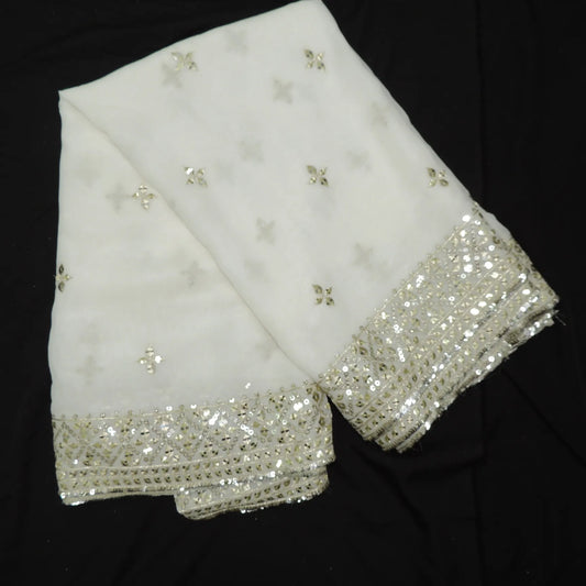 Sequins Zari Work On White Dyeable Georgette Fabric