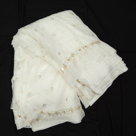 Sequins Work Dupatta On White Dyeable Organza Fabric