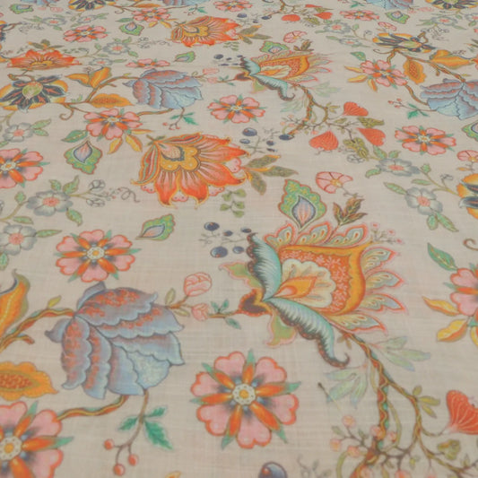 Cream Floral Digital Print On Cotton Linen Fabric