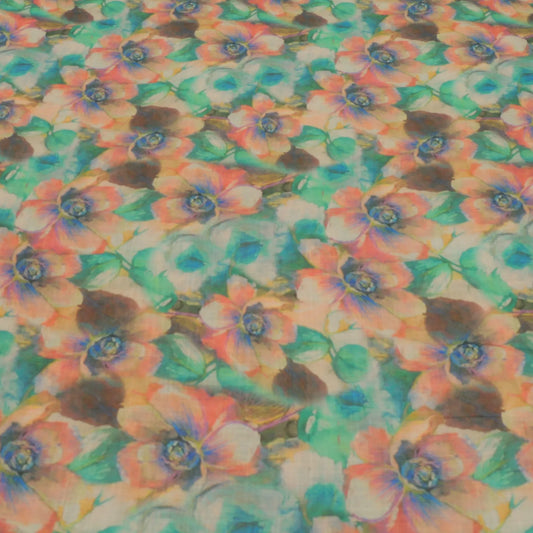 Green Floral Digital Print On Cotton Linen Fabric