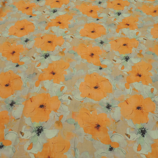 Ivory Floral Digital Print On Cotton Linen Fabric
