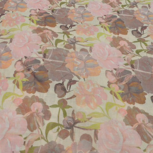 Pink Floral Digital Print On Cotton Linen Fabric