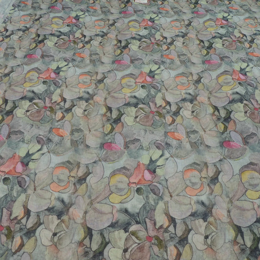 Grey Floral Digital Print On Cotton Linen Fabric