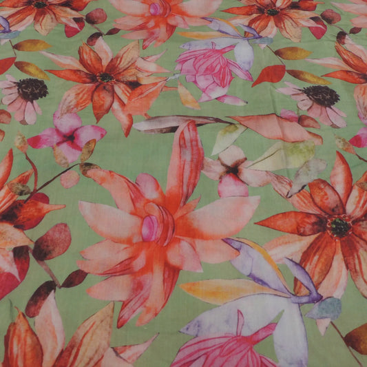 Green Floral Digital Print On Muslin Fabric