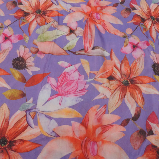 Lavender Floral Digital Print On Muslin Fabric