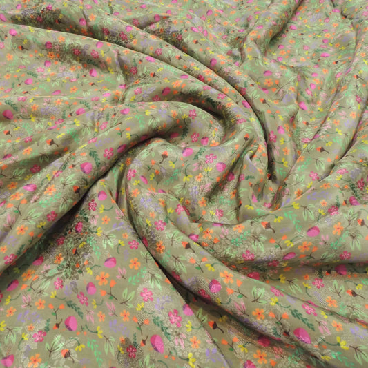 Green Floral Digital Print Jacquard On Viscose Crepe Fabric