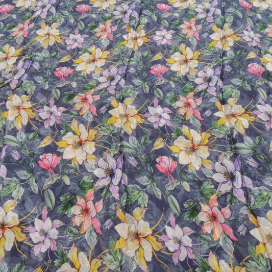 Blue Floral Digital Print Jacquard On Viscose Crepe Fabric