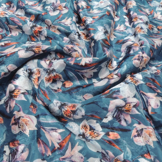 Turquoise Floral Digital Print Jacquard On Viscose Crepe Fabric