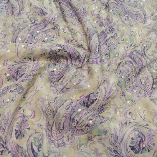 Lavender Floral Digital Print On Viscose Organza Fabric