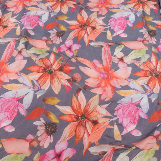 Dark Grey Floral Digital Print On Muslin Fabric