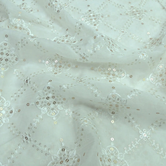 Thread Sequins Work Embroidery On White Dyeable Organza Fabric