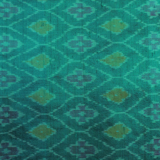 Teal Green Pure Raw Silk Ikat Fabric