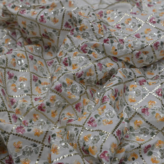 Multi Colour All Over Floral Checks Embroidery On White Dyeable Upada Fabric