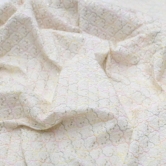 Multi Colour Thread Work Embroidery With Tikki On White Dyeable Dupion Silk Fabric
