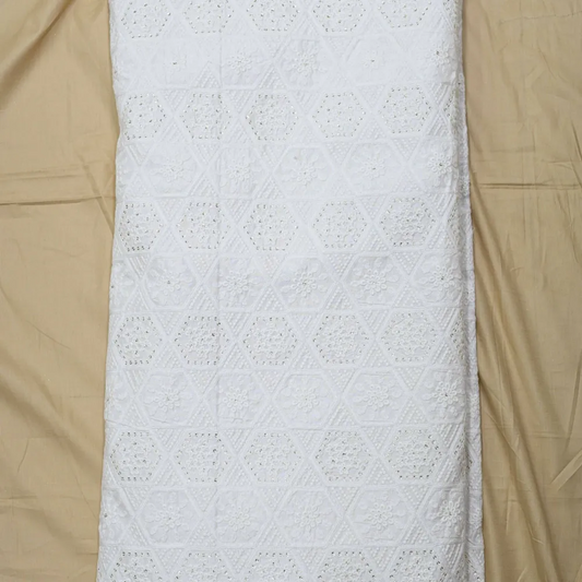 Floral White Thread Work Embroidery With Tikki On White Dyeable Dola Silk Fabric