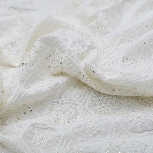 Floral White Thread Work Embroidery With Tikki On White Dyeable Dola Silk Fabric