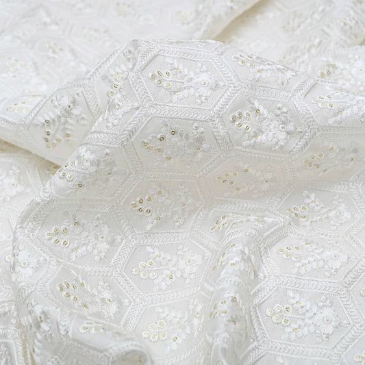 Thread Work Embroidery On White Dyeable Upada Fabric