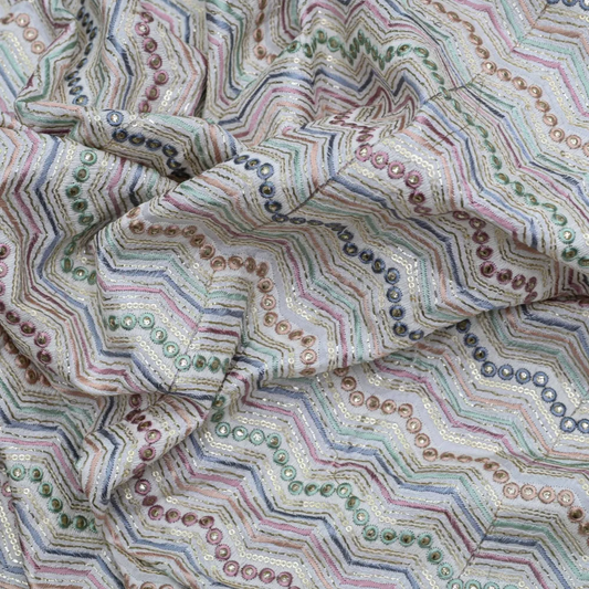 Multi Colour All Over Zig Zag Zari Work Embroidery On White Dyeable Dola Silk Fabric