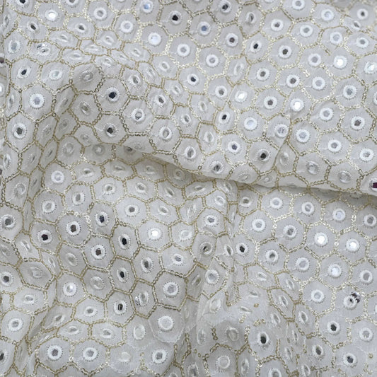 Golden Zari Mirror Thread Work Embroidery On White Dyeable Upada Fabric