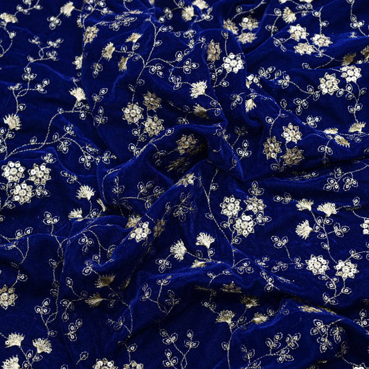 Royal Blue Colour All Over Golden Jaal Embroidery On Velvet Fabric