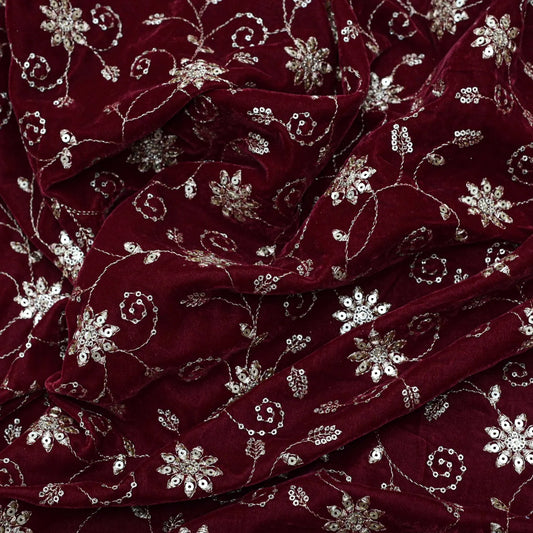 Maroon Colour All Over Golden Jaal Embroidery On Velvet Fabric