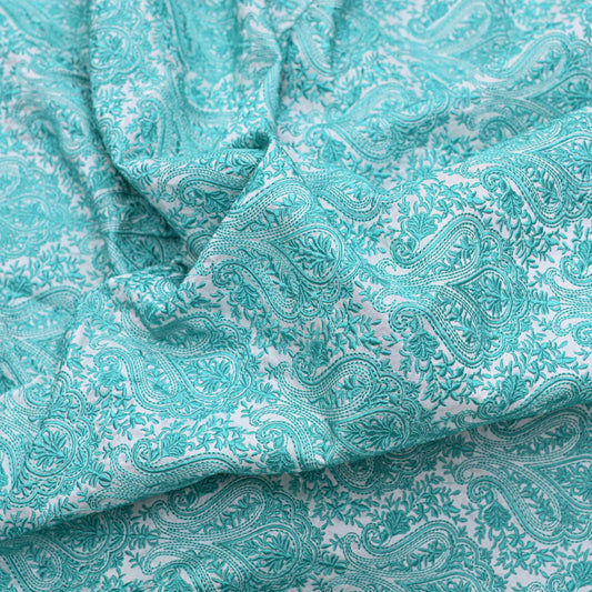 All Over Turquoise Colour Floral Work Embroidery On White Dyeable Upada Fabric