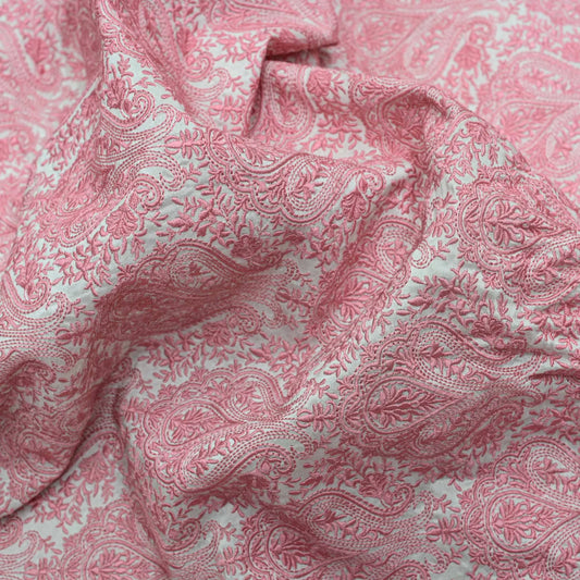 All Over Pink Colour Floral Work Embroidery On White Dyeable Upada Fabric