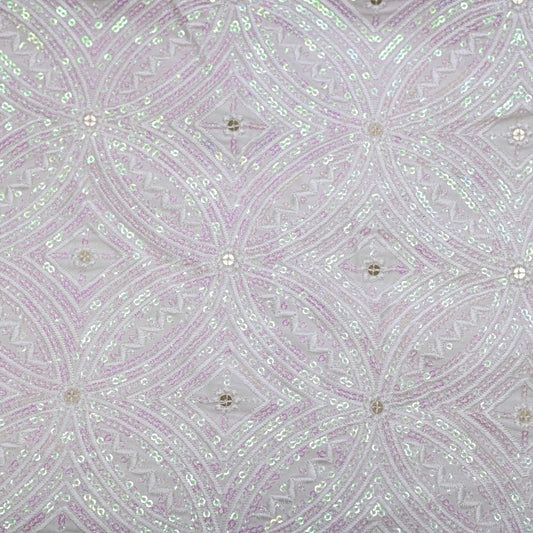 All Over Pani Sequins Tikki Work Embroidery On White Dyeable Russian Silk Fabric