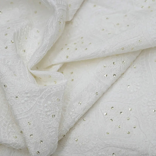 White Thread Leaf Work Embroidery With Tikki On White Dyeable Dola Silk Fabric