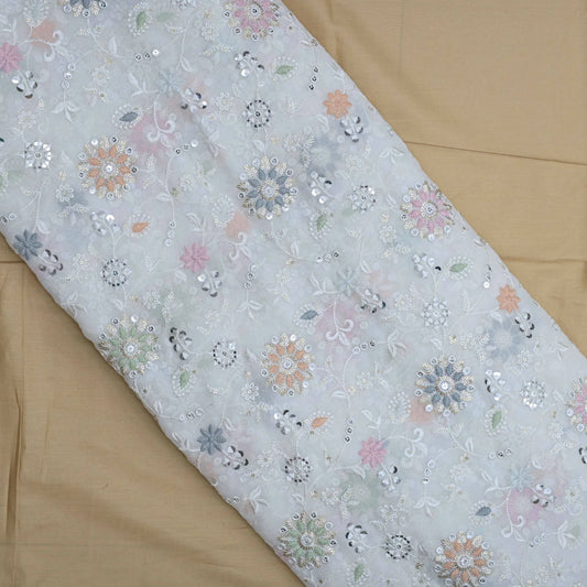 All Over Multi Color Floral Work On Dyeable Georgette Fabric